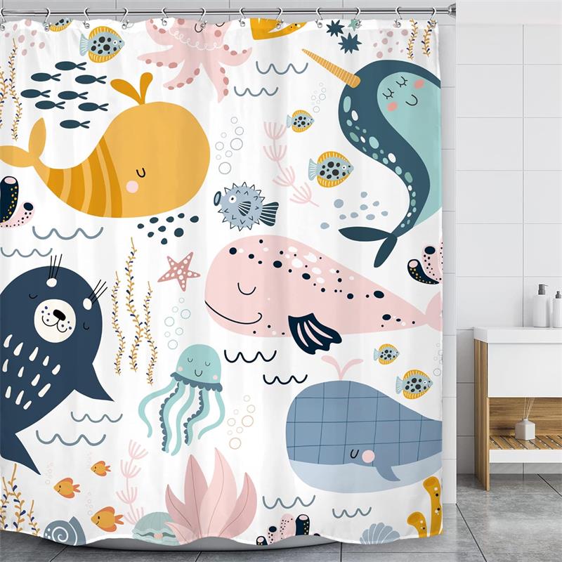 Funny Bathing Cat Dog Cartoon Shower Curtains Dolphin Octopus Sea Turtle Starfish Ocean Animals Bath Curtain Kids Bathroom Decor