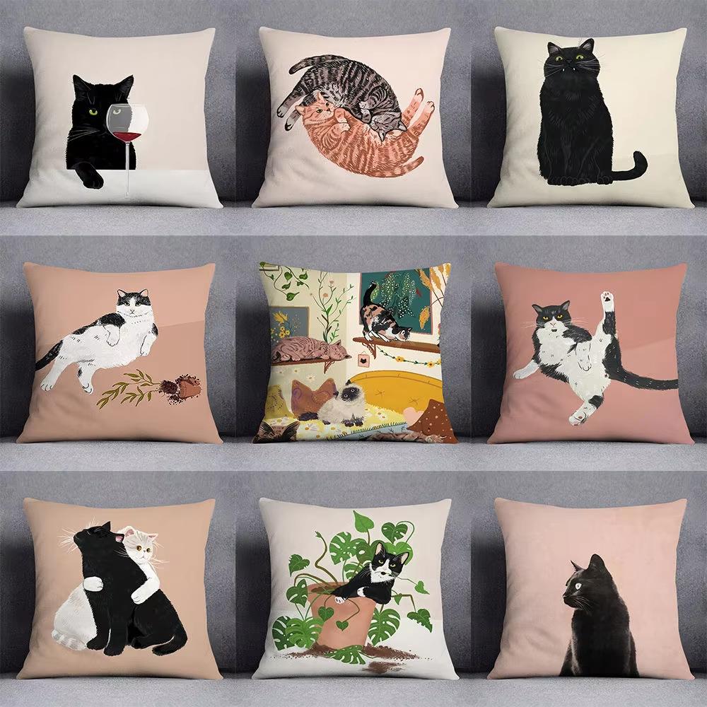 1Pc Double Sided Printed Cute Cat Pattern Pillowcase Adorable Feline Design Cushion Cover For Sofa Bedroom Home Decor No Pillow