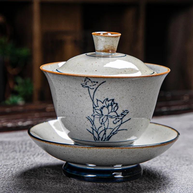 

Vintage Firewood Hand Painted Gaiwan, Ceramic Blue and White Ceremony Bowl, Kung Fu Tea Set, Stoneware Brewing Cover, Tureen 180ml
