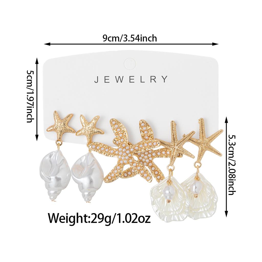 Seaside Resort Style 3 Pairs Starfish & Shell Earrings, Pearl Conch Jewelry, Niche Design Light Luxury Drop Earrings for Women