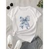 European Size Women's Butterfly Print T-Shirt - Casual Short Sleeve Top with Blue Floral Bow Design, Breathable Summer Tee
