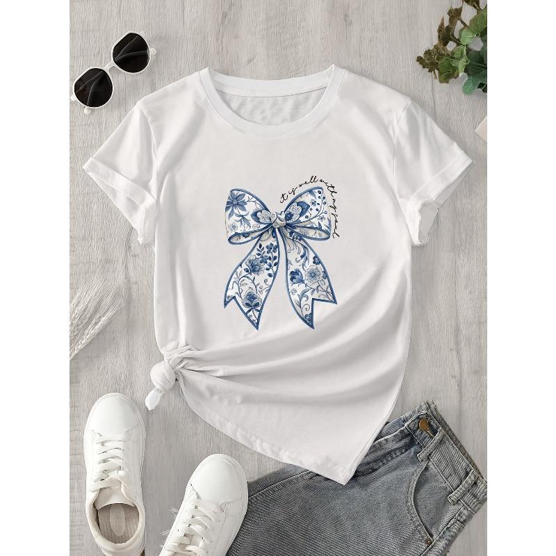 European Size Women's Butterfly Print T-Shirt - Casual Short Sleeve Top with Blue Floral Bow Design, Breathable Summer Tee
