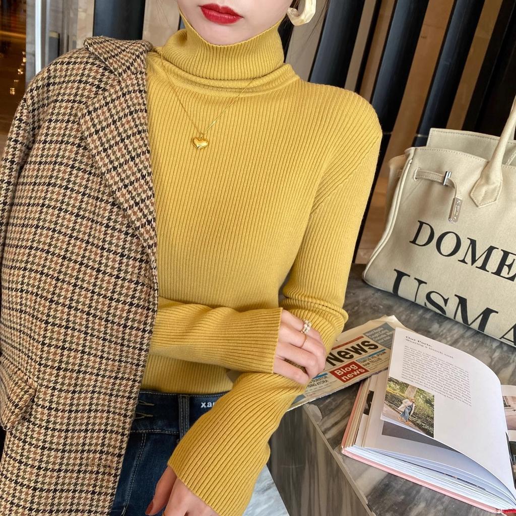 Podzimní a zimní svetr s vysokým límcem pro ženy, úzký pletený svetr s žebrovou vazbou, s těsným pulovrem uvnitř, všestranný hřejivý top s dlouhým rukávem