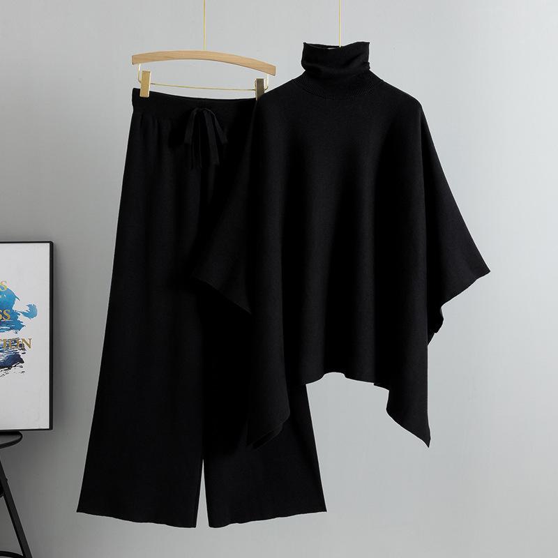 Women's Autumn Winter High Neck Cloak Sweater & Wide Leg Pants Set