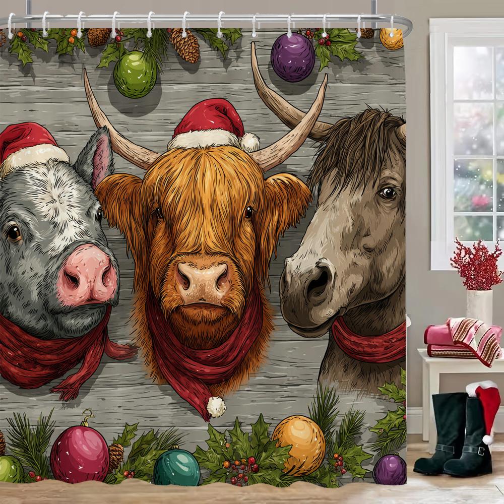 Merry Christmas Shower Curtain With Hooks Christmas Highland Cattle Shower Curtain Home For Decoration Curtain
