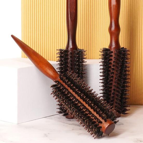 Boar Bristle Round Hair Brush Ergonomic Wooden Handle Men Women Hair Straightening Curling Volumizing Detangling Styling Comb
