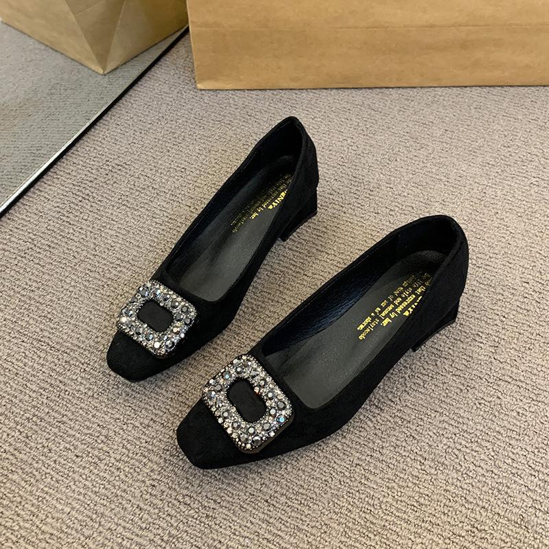 Premium single shoes women's spring new temperament rhinestone high heels thick heel square head shoes
