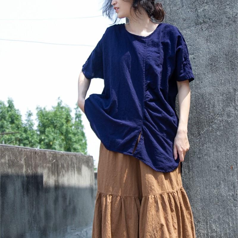 Johnature T-shirt estive da donna tinta unita O-Collo manica corta in cotone e lino T-shirt irregolari T-shirt da donna larghe