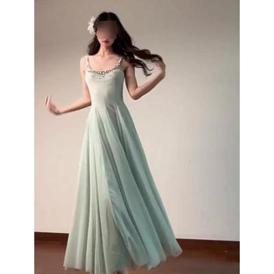 Crystal Diamond Chain Mesh Suspender Dress Women's Summer Beautiful Long Dress Waist Vacation Fairy Skirt