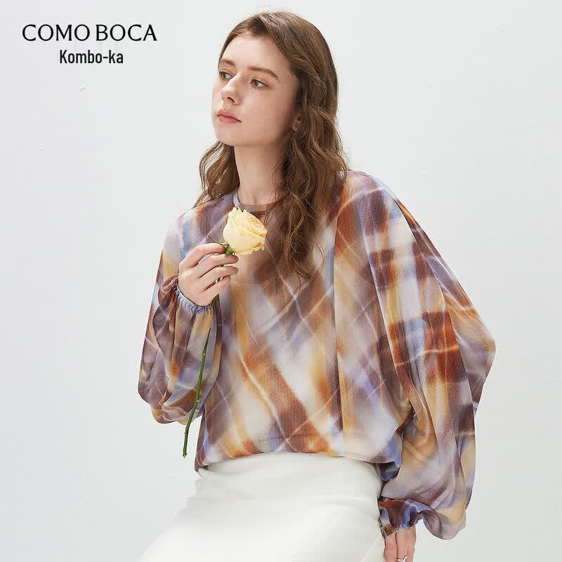 Commond Boca Women s Relaxed Plaid Mulberry Silk Long Sleeve Top M