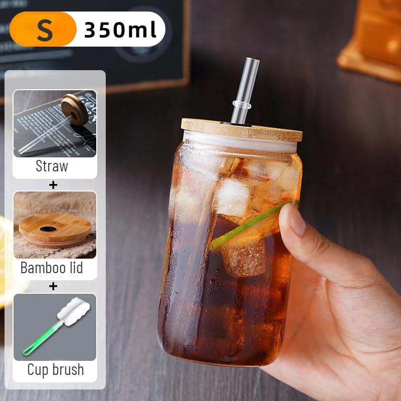Drinking Cup Glasses with Bamboo Lid Juice Glass Straws Beer MugIce Coffee Mugs Cute Glasses Beer Jars Glasses Brush Drinkware