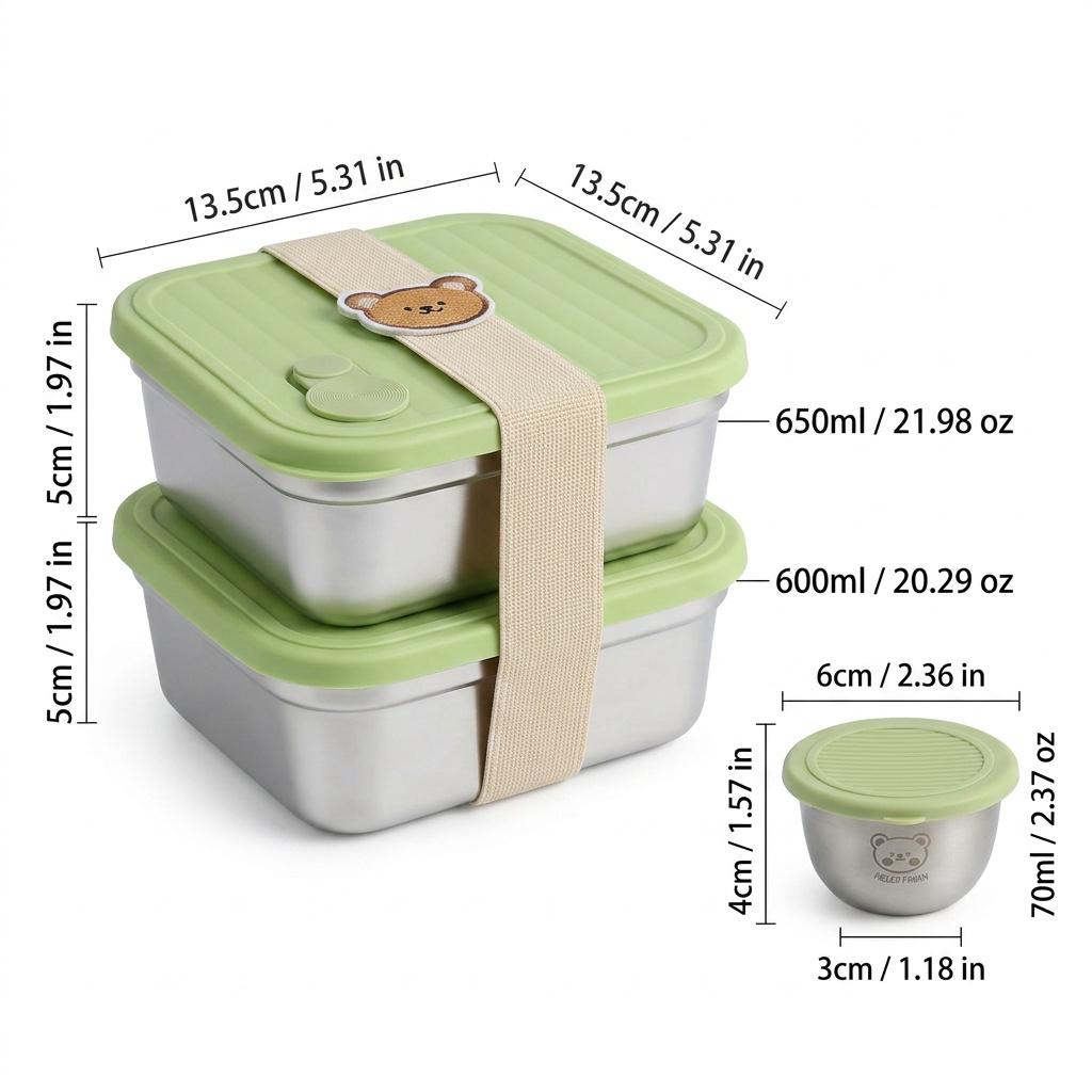 Reusable Bento Lunch Box For Students 304 Stainless Steel Fruit Salad Food Container With Sauce Box Dishwasher&Microwave Safe