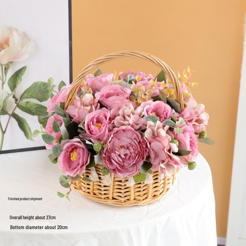 Floral Pastoral Wood Art: Straw, Willow, Rattan Weaving with Artificial Flowers and Basket Ornaments for Home and Living Room Décor