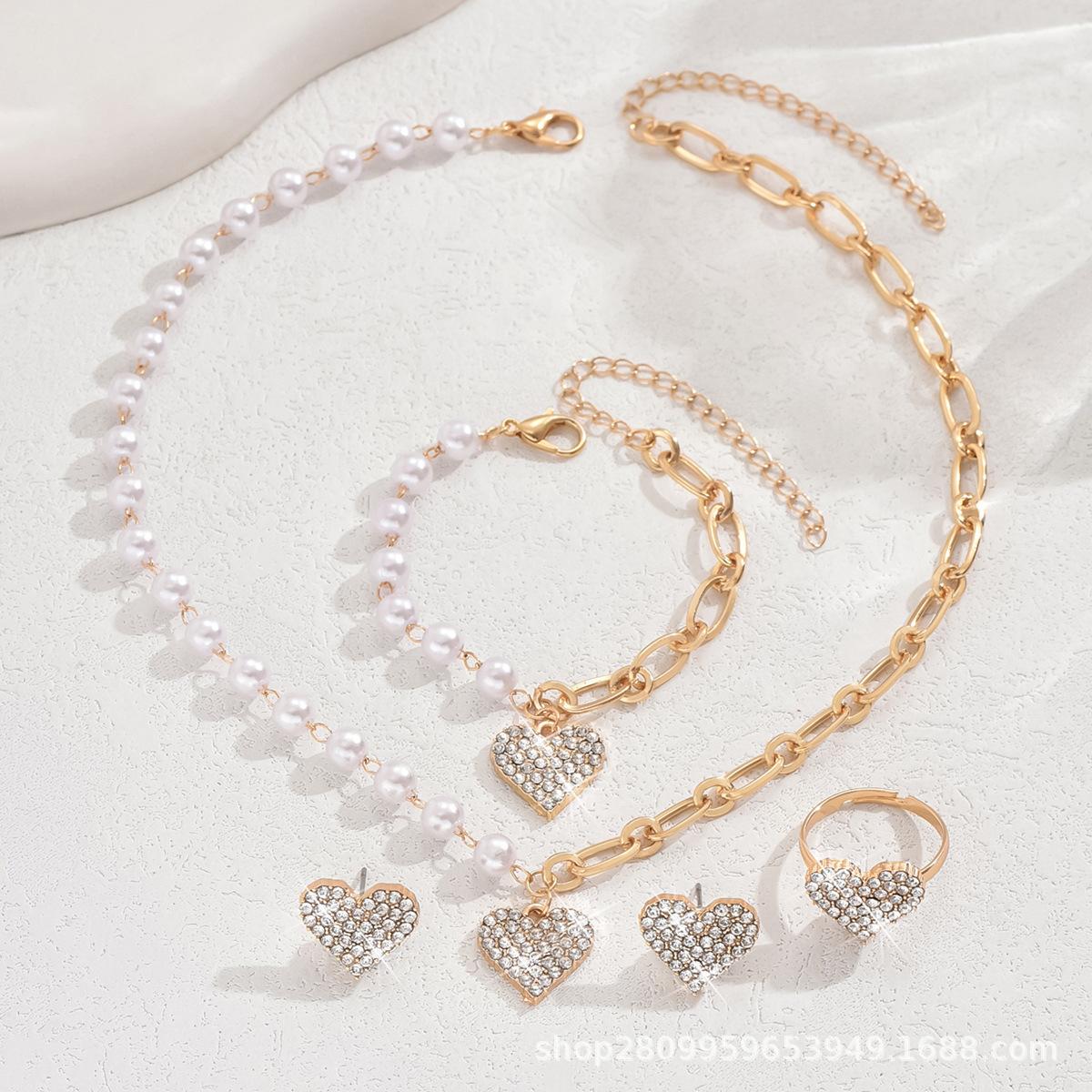 

Новое высококлассное ожерелье из сплава с жемчугом в виде персикового сердца, серьги-пусеты, браслет, набор колец, милая шейная цепочка 1286.
