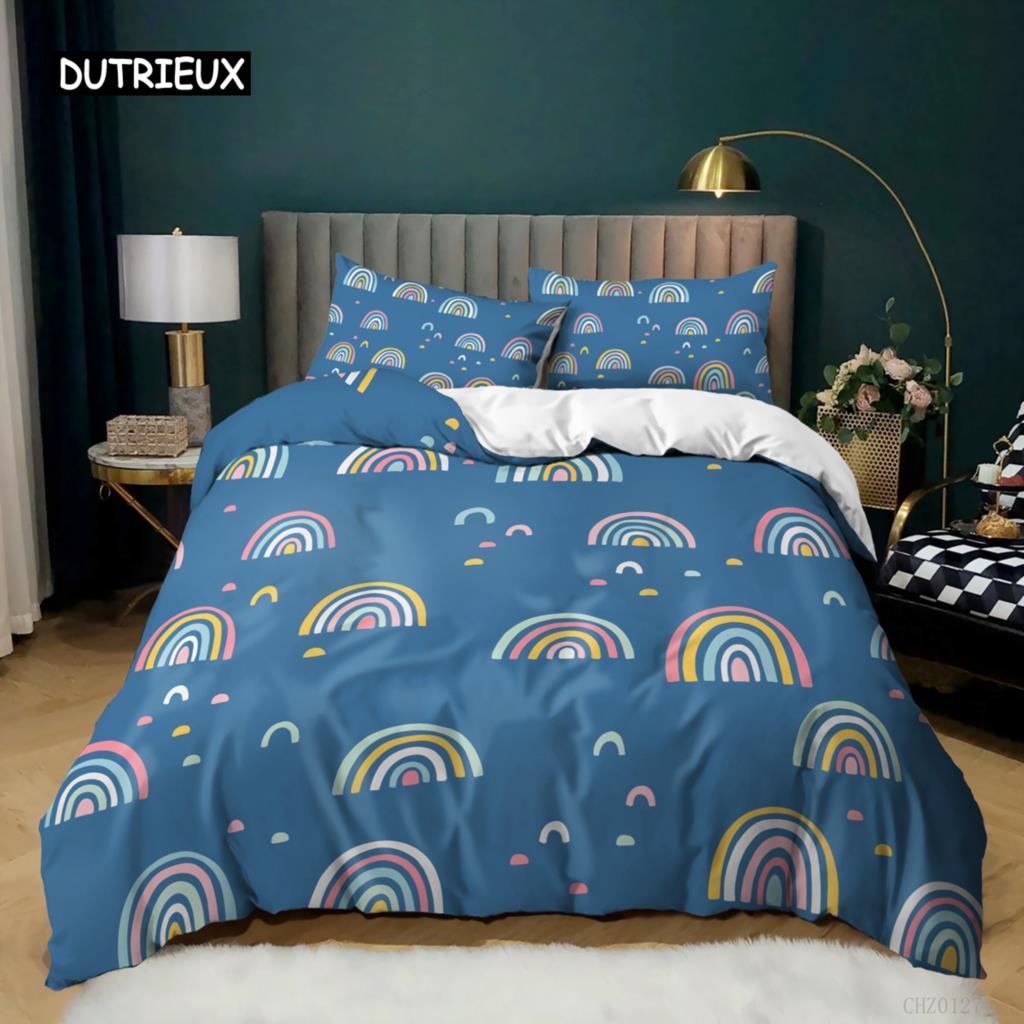 Rainbow Duvet Cover Set Queen King Size Sparkling Starry Sky Rainbow Bedding Set For Kids Teens Girls Microfiber Quilt Cover