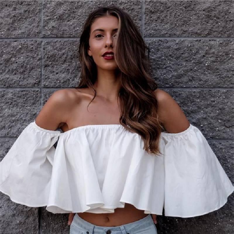 Stylish Summer Off Shoulder Ruffle Hem Loose Fit Top Women Urban Fashion Tee
