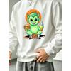 Men's Graphic Print Crew Neck Sweatshirt With Adorable Green Devil Holding Burger Drink Christmas Halloween, Loose Fit.