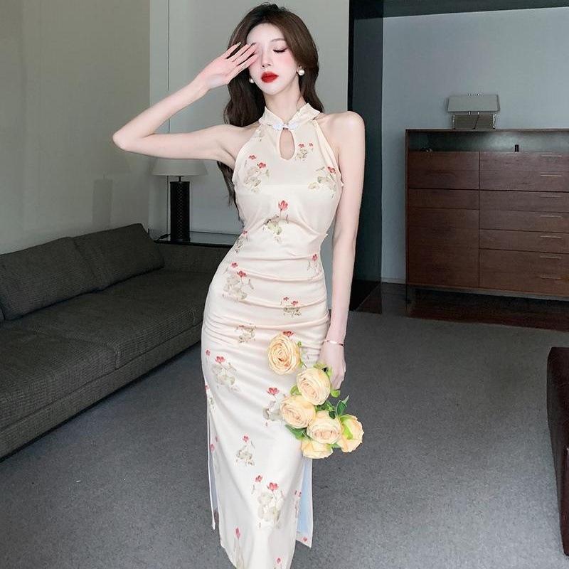 Light and Mature Style Printing Off-the-shoulder Neck Cheongsam Buckle Dress for Women's Summer Waist-wrapped Hip-split Mid-length Dress