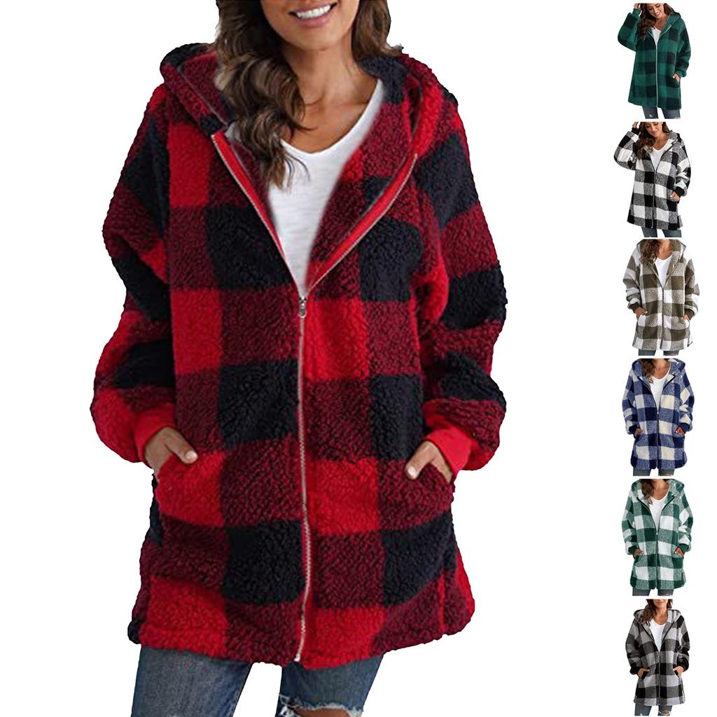 Women's Casual Plush Long Sleeve Plaid Hooded Zipper With Pocket Loose Coat