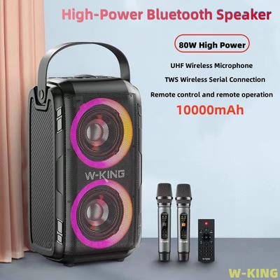 W-King 80W vysoce výkonná přenosná venkovní zásuvka pro karaoke RGB 360 Stereo Surround bezdrátový subwoofer FM rádio TWS Bluetooth reproduktor