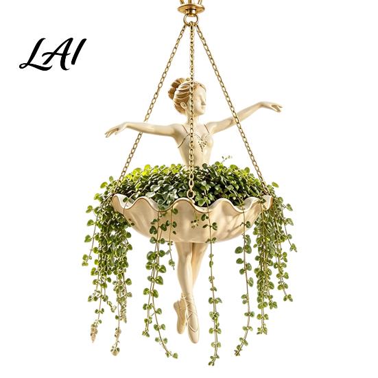 Garden Landscaping Accessories Fairy Ballet Dancer Mermaid Hanging Planter Resin Decorative Flower Pot with Metal Chain Hand Carved Planter Outdoor