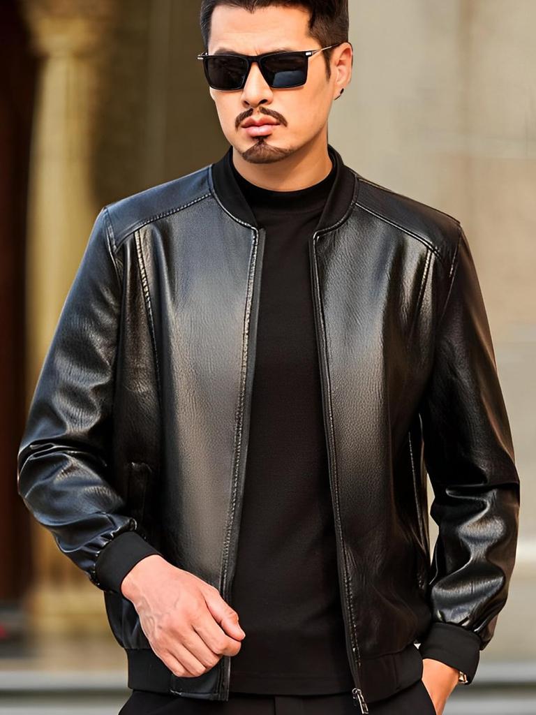Faux Leather Blouson Riders Long Cold Casual Korean Large Body Big Date Birthday Black [Luxe Relax] Jacket, Casual, Sleeve, Protection, Outerwear,