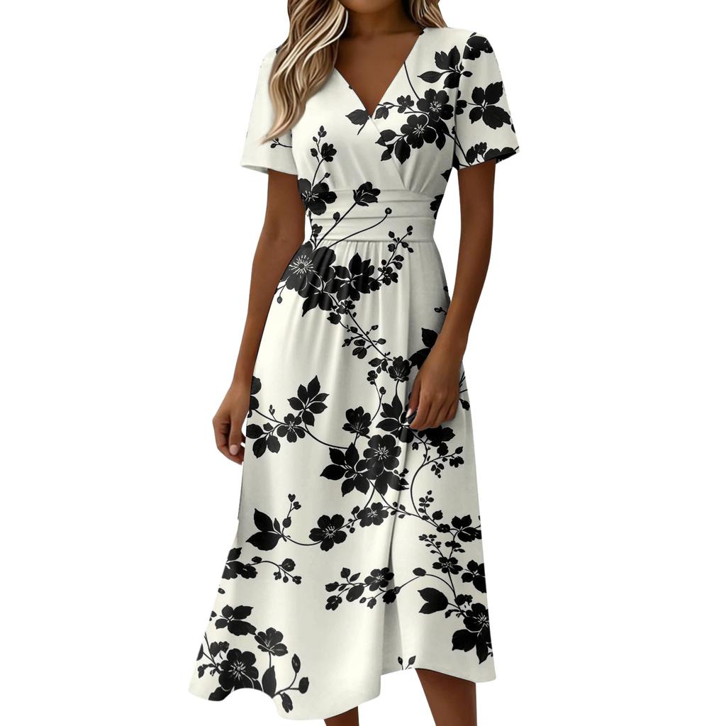 Women's Fashion Casual V Neck Waist Cinched Floral Print Short Sleeve Midi Dress for Everyday Wear and Outdoor Activities