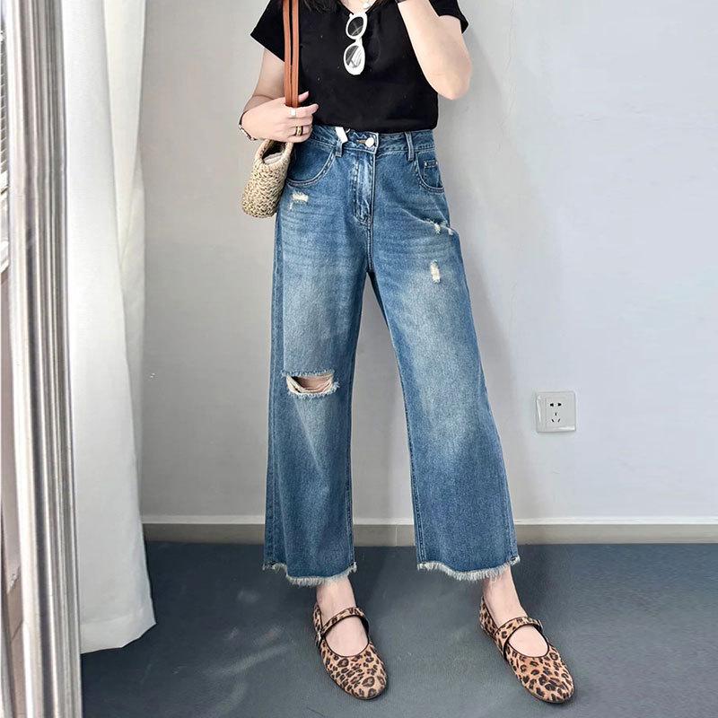 

2025 Blue Cropped Jeans with Raw Hem - Comfortable, Casual, Washable, and Versatile Design Small синий