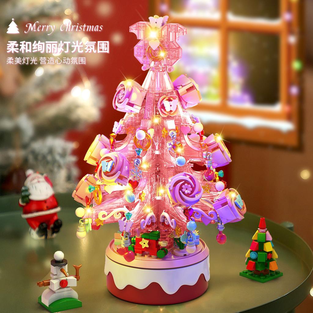DIY Lights Christmas Tree Music Box Pink Gifts Train Elk Santa Claus Architecture Xmas Building Blocks Bricks Kits Toys