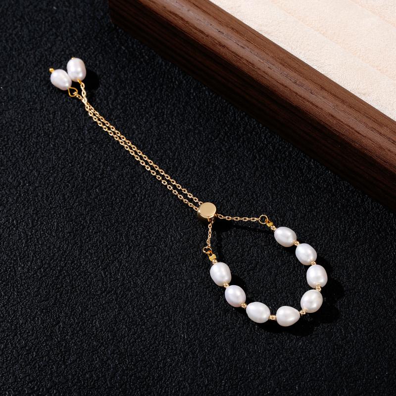 

Golden Freshwater Pearl Adjustable Bracelet Copper Chain Beaded Wrist Jewelry for Women золотистый