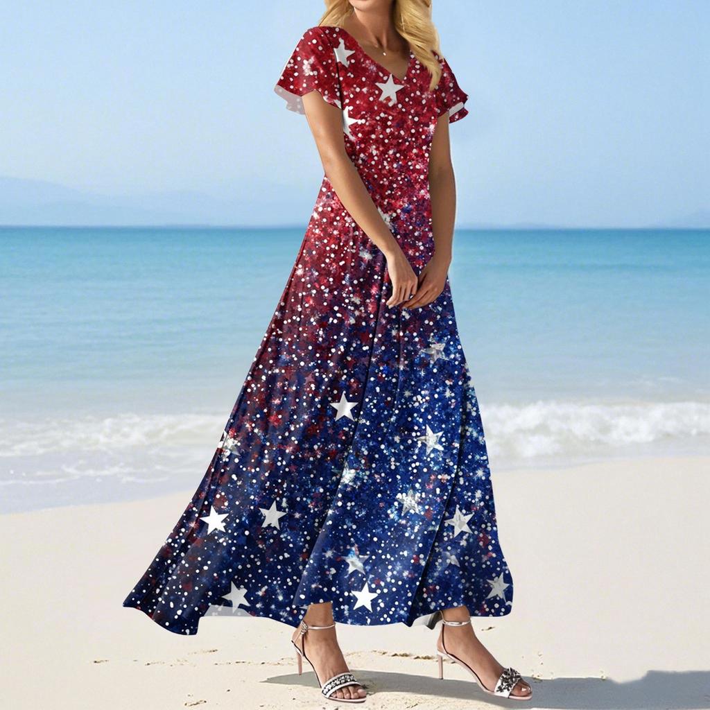 FashWomen's Loose Casual V-Neck Short Sleeved High Waisted Print Dress