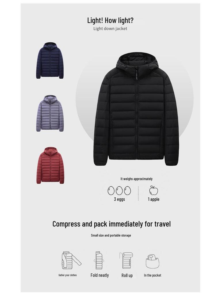 Men's Lightweight Hooded Down Jacket, Winter 2025 - Short, Warm, Trendy, 90% White Duck Down.