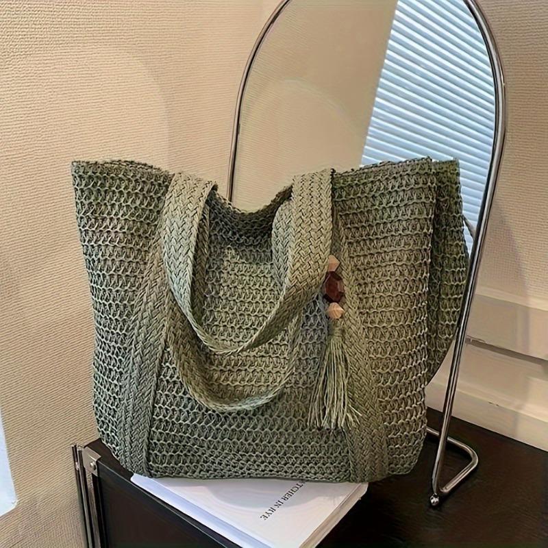 Simple woven straw bag solid color woven bag large capacity shoulder tote bag seaside vacation beach bag women