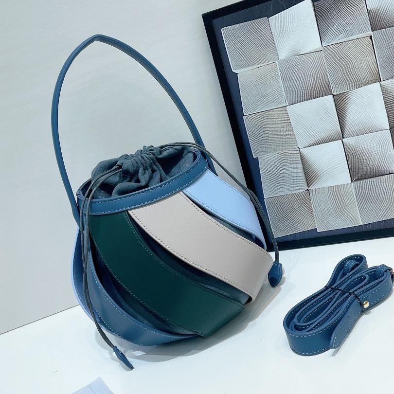 Women'S Pu Leather Balloon Bag Geometric Stitching Bucket Bag Cylindrical Shoulder Bag With Contrasting Color Premium