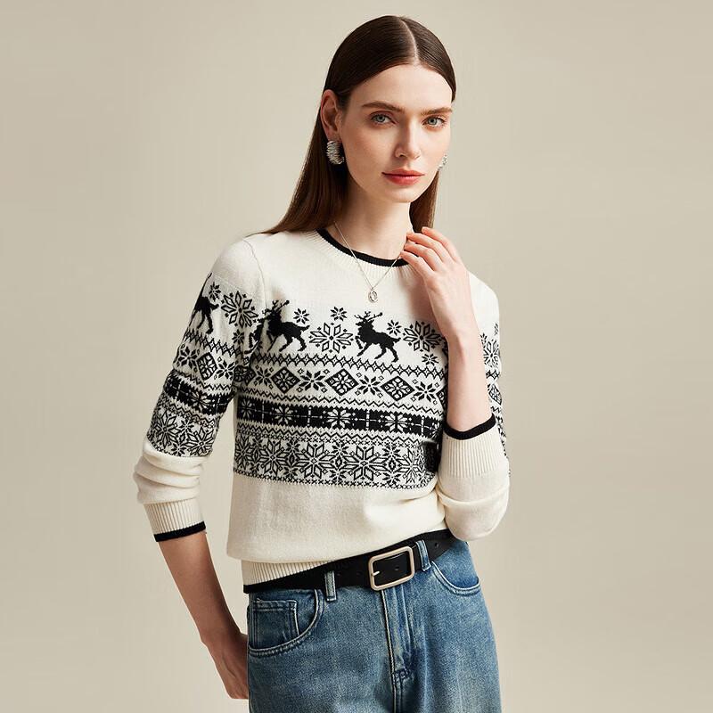 Zhaojun Dámský žakárový svetr z čistého kašmíru s kulatým výstřihem