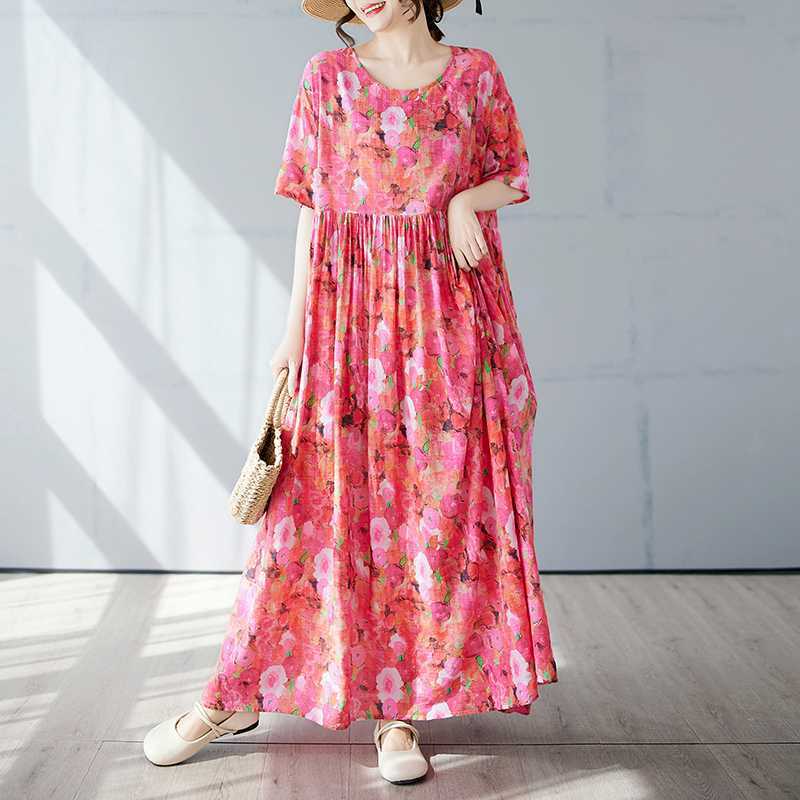Simple and Fashionable Long Skirt Summer Short Sleeved Round Neck Printed Dress