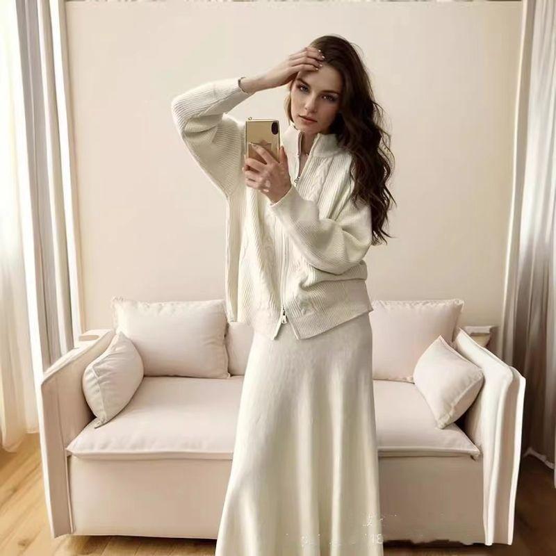 

European and American Loose Knit Zip-up Sweater Skirt sets Knited Sweater and Skirt Set Milky White One size