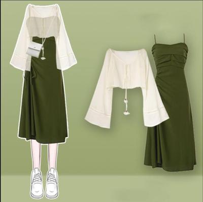 Spring and Summer Women's Suit Elegant Puff Sleeve Crop Top  Dress 2 Piece Sets Female Outfit