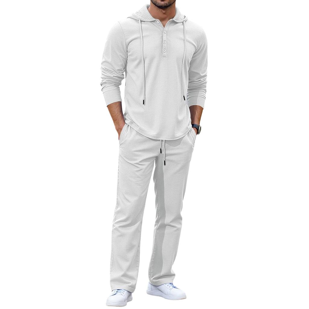 Men Fashion Leisure Hooded Hood Button Upper Garment Trousers Set