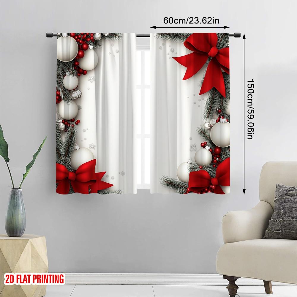 2 Stück, 2D-Flachdruck Moderne Vorhänge Weihnachtskugeln Kiefernzweige Rote Schleifen (4) Polyester, einfache Installation (ohne Stange)