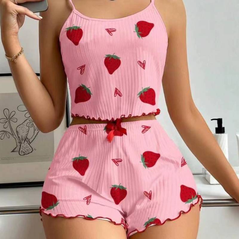 Romantic Heart Print Sleepwear Set With Stretchy Polyester For Young Women