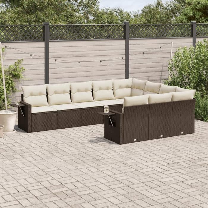 VidaXL Salon de Jardin avec Coussins 10 pcs, Canapés de Terrasse, Ensemble de Meubles de Patio, Mobilier d'Extérieur, Marron 3253030