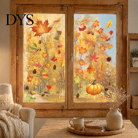 Pumpkin Harvest Wall Decor 5Pcs Autumn Maple Static Window Clings, Fall Stickers, Clings Glue-Free Removable for Thanksgiving Home Shop Glass