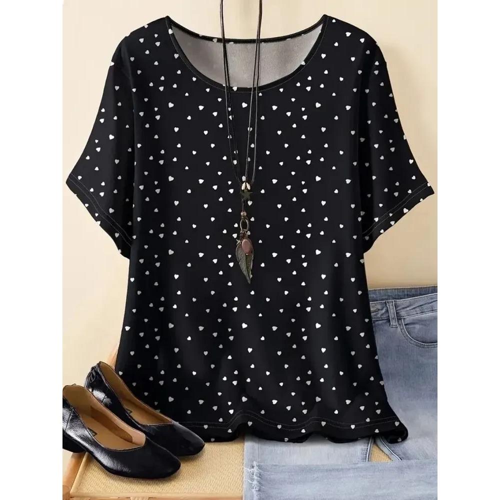 Women's Fashionable Breathable Round Neck Striped Grid Short Sleeved T-shirt Comfortable Soft Breathable Loose Summer Plus Size T-shirt