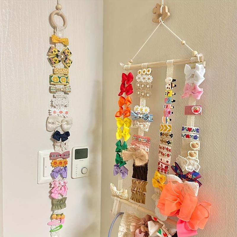 Wall-Mounted Hair Accessories Organizer Macrame Canvas Hanger with Multiple Hooks for Bows, Scrunchies & Clips Storage Display Rack, Hair Accessories