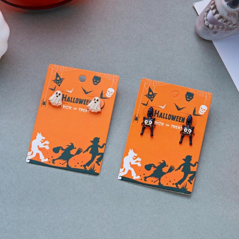 Novelty Halloween Earrings in Stud Style, Glossy Enamel Look with Gold-Tone Trim, Alloy Pair for Costume Styling