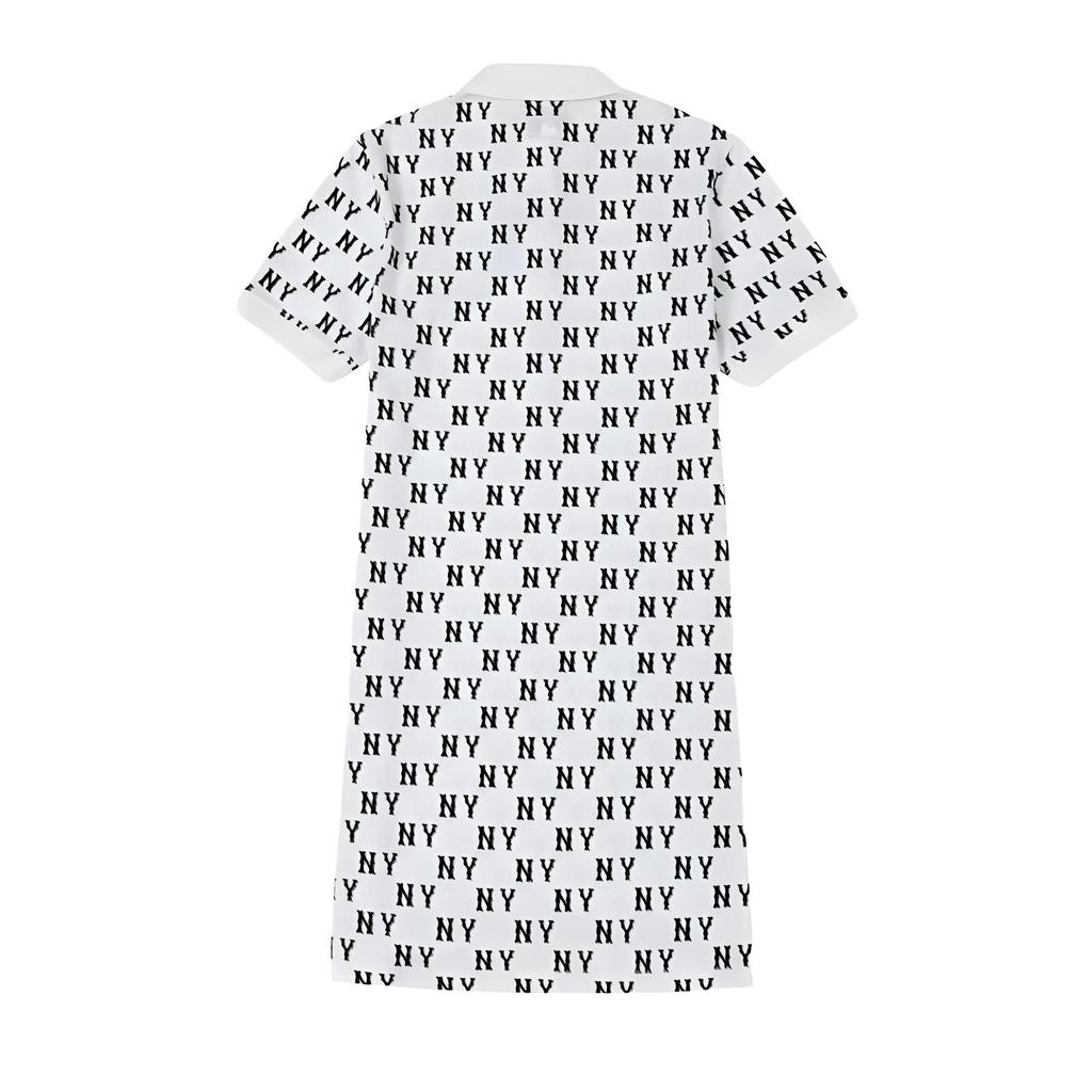MLB Soft And Comfortable All Over Print Loose Casual Polo Collar Short Sleeve Dress Women Dresses White 3FOPM0643-50CRS