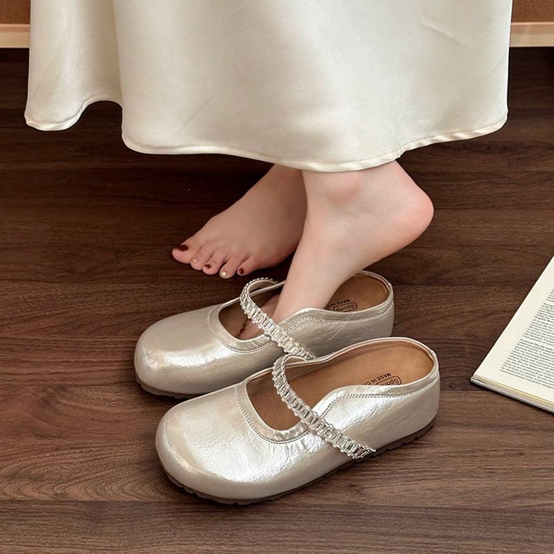 

Retro Shoes with Rhinestones One-shoulder Straps Toe Caps and Half Shoes Versatile Women s Flip-flops 40 шампанського