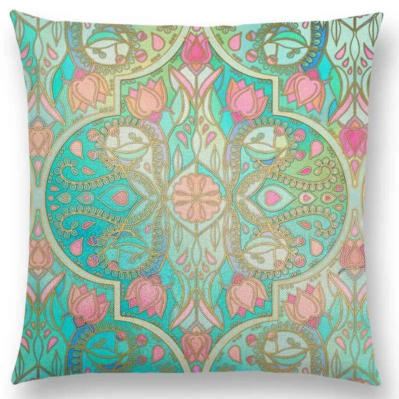 New Boho Art Flower Gorgeous Floral Diamond Doodle Botanical Geometry Mandala Decorative Pattern Cushion Cover Throw Pillow Case
