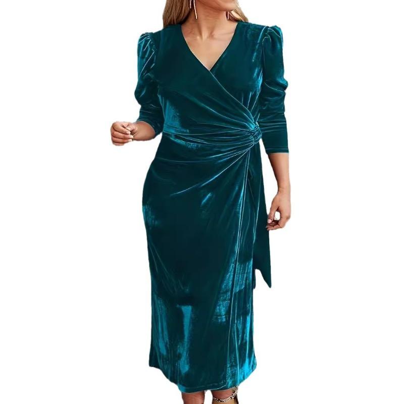 Women V Neck Long Sleeve Elegant Casual Solid Color Dress